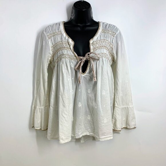 Odd Molly I Speak Heart Women's Boho Peasant Front Tie Long Sleeve Top Size L - Picture 1 of 13